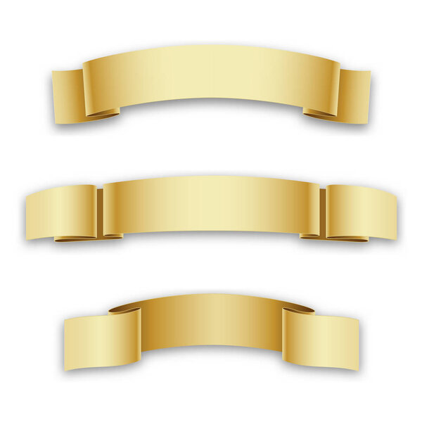 Three golden Holiday Ribbons for Birthday, Christmas, isolated on white background. Vector illustration.