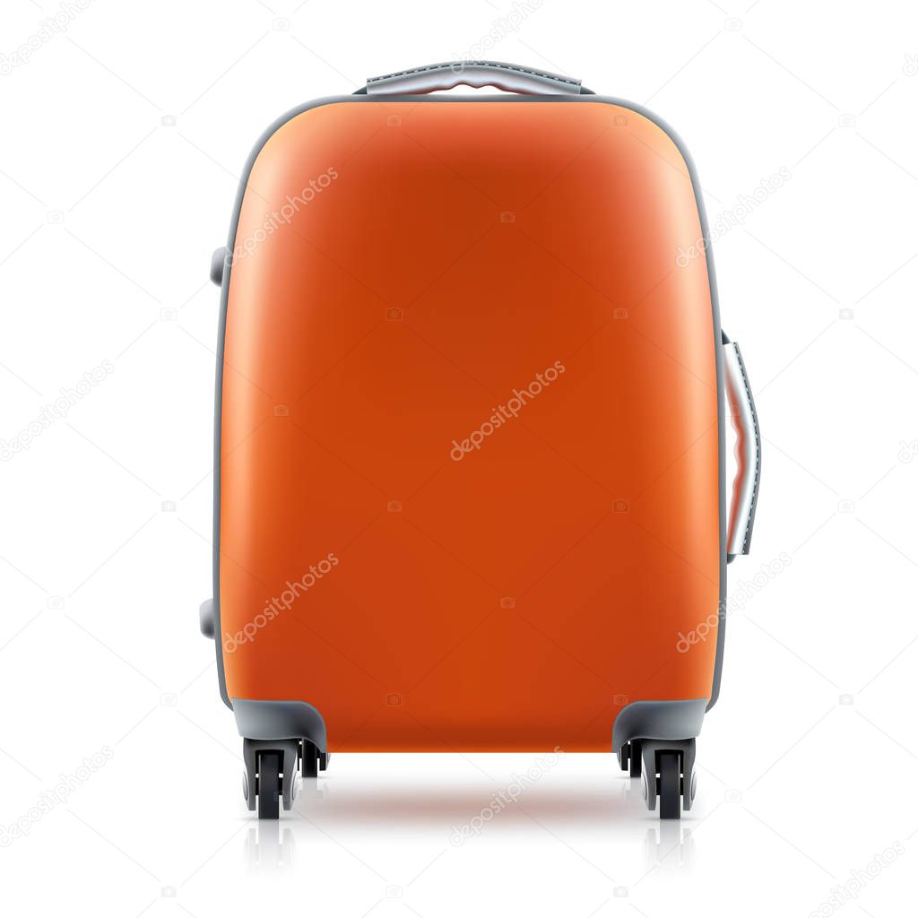 Orange plastic Suitcase on white background. Concept travel, icon. Illustration vector.