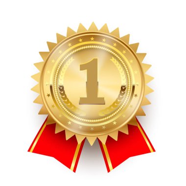 Altın madalya 1. lik rozeti. Spor, iş, beyaz arka plan üzerinde izole kırmızı kurdele ile madalya zafer sembolü. Vektör simge tasarlamak