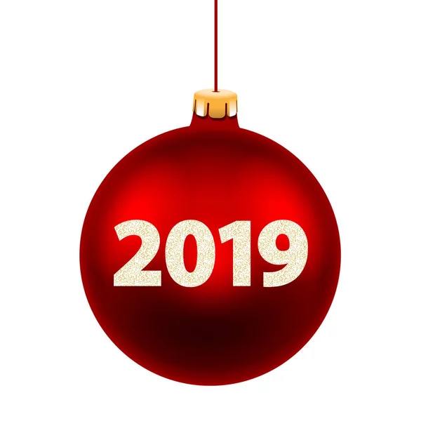 Νέο Έτος Κάρτα Για 2019 Κόκκινη Χριστουγεννιάτικη Μπάλα Λευκό Φόντο — Διανυσματικό Αρχείο