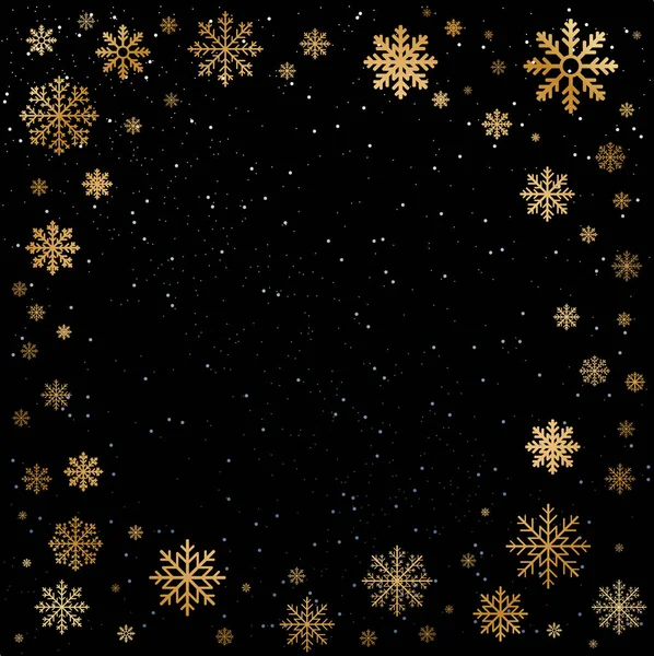 Winter Goldene Weihnachtsschneeflocken Auf Schwarzem Hintergrund Grußkarte Vektorillustration — Stockvektor