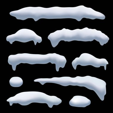 Kar kapaklar, kartopu ve kış dekorasyonu için snowdrifts. Karlı öğeleri tasarım siyah arka plan üzerine karikatür. Vektör çizim