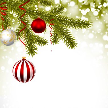 Çamın dalları ve topları ile Noel tebrik kartı. Resimde yeni yıl arka plan, vektör.