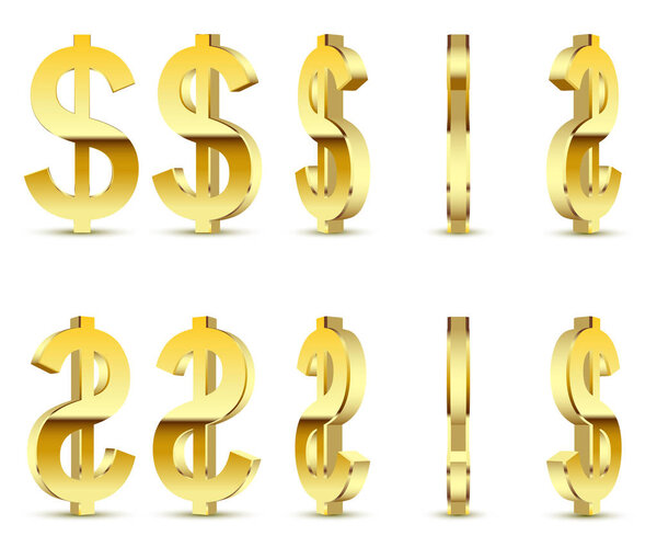 Gold sign is a dollar, on white background. 3D illustration icon set. Vector.