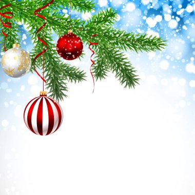 Çamın dalları ve topları ile Noel tebrik kartı. Resimde yeni yıl arka plan, vektör.