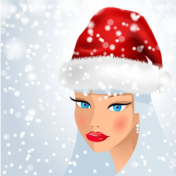 Красива Дівчина Кришку Санта Клауса Фоні Падіння Снігу Різдво Зимовий — стоковий вектор