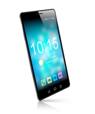 Renkli ekranlı akıllı telefon. Beyaz arka plan üzerinde izole gerçekçi hareket eden telefon. Vektör çizim.