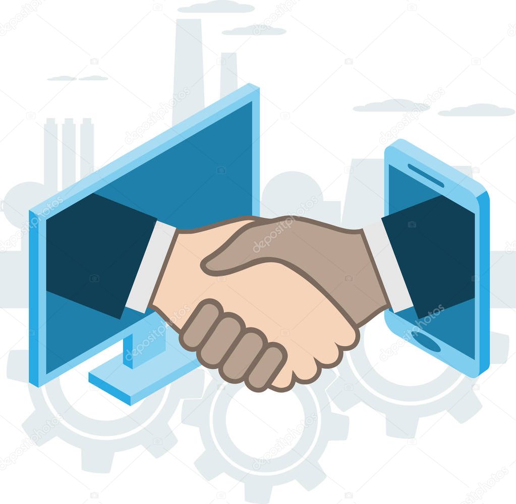 Business handshake, via phone and laptop, online conclusion of transaction. Strategy success, financein ideas. Vector illustration 