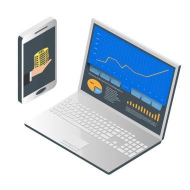 Veri analizi, infographics ve iş başarı kavramı. Bilgisayar ve cep telefonu teknolojileri beyaz arka plan üzerinde izole. İzometrik vektör çizim.