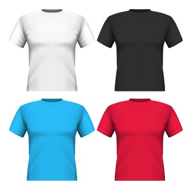 Gerçekçi kümesi pamuk t-shirt beyaz arka plan üzerinde izole. Reklam, web sitesi, online mağaza için şablon. İllüstrasyon vektör.