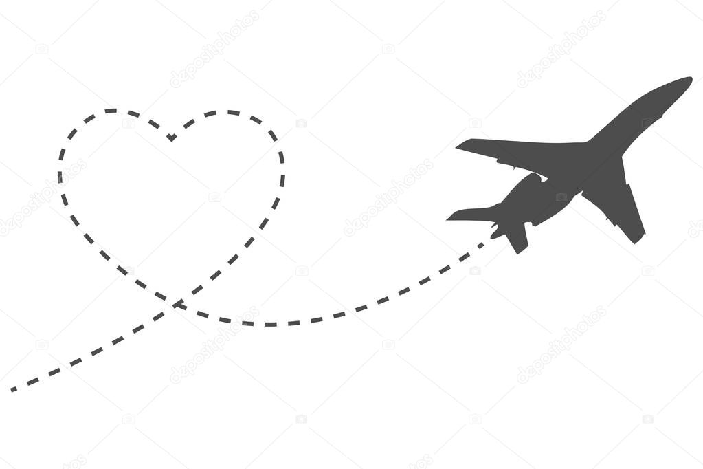 Romantic icon travel, Heart and way airplane isolated on white background. Vector. Illustration.