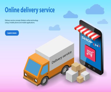 Alışveriş Online kavramı Isometric, kamyon ile kargo teslimat hizmeti. Şablon, web, poster, afiş, el ilanı için bir cep telefonu kullanarak Modern online teknoloji. İllüstrasyon vektörü.