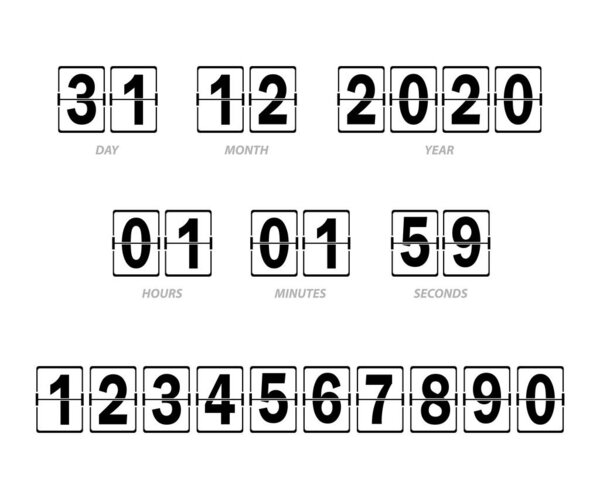 Scoreboard of hours, minutes and seconds, day, month and year for a web page. Letters of mechanical timetable on white background. Illustration Vector.