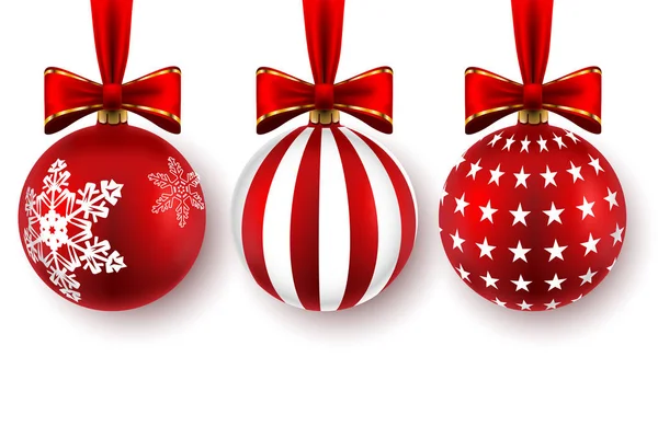 Set Van Mooie Kerst Rode Ballen Met Strikken Geïsoleerd Witte — Stockvector