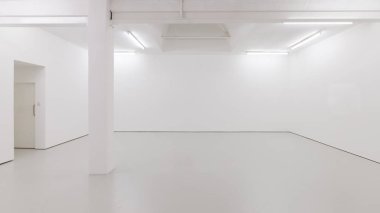 Bir beyaz bir görünümünü boş bir oda ya da bir sanat galerisi bir floresan aydınlatma ve beton zemin iç boyalı