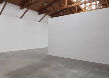 Ahşap tavan ve Beton zeminin bir boş oda Sanat Galerisi