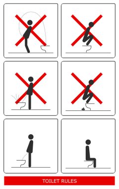 WC tuvalet hijyen. İşaret ve sembol tuvalet kurallar kümesi.