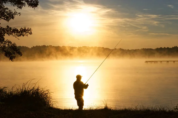 渔夫的剪影在湖和捉住鱼在雾的日出期间 — 图库照片