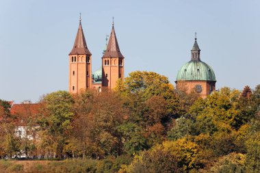 Katedral kule ortasında sonbahar ağaçlar, Tumskie Hill Plock, Polonya