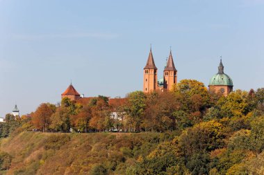 Katedral kule ortasında sonbahar ağaçlar, Tumskie Hill Plock, Polonya