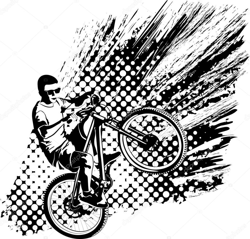 grunge monochrome vector illustration of man doing bike trick