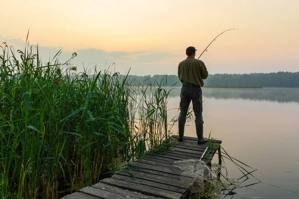 黎明时分 钓鱼者在木码头上捕捉鱼 — 图库照片