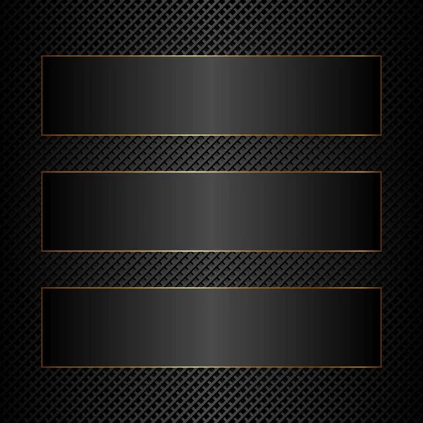 Három Fekete Bannerek Textúrázott Háttérre Aranyszínű Kerettel — Stock Vector