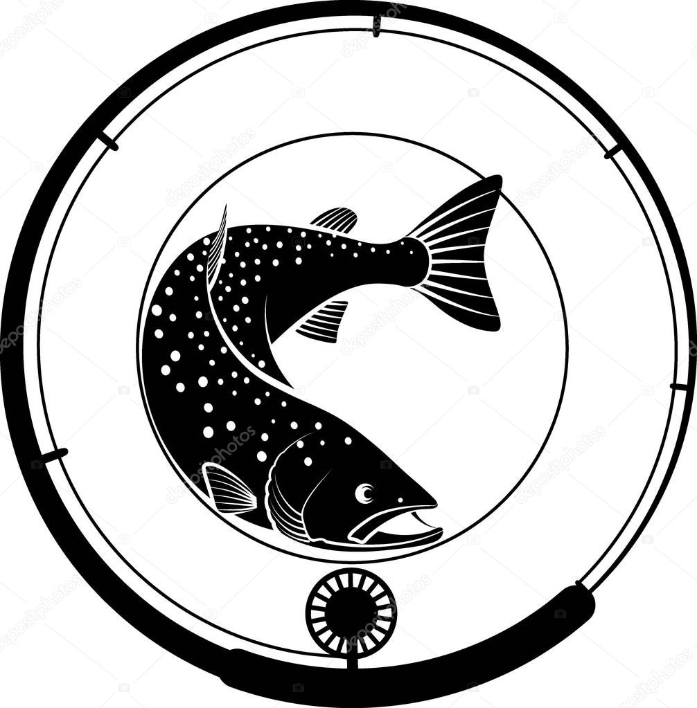 Fishing badge with fish and fishing rod