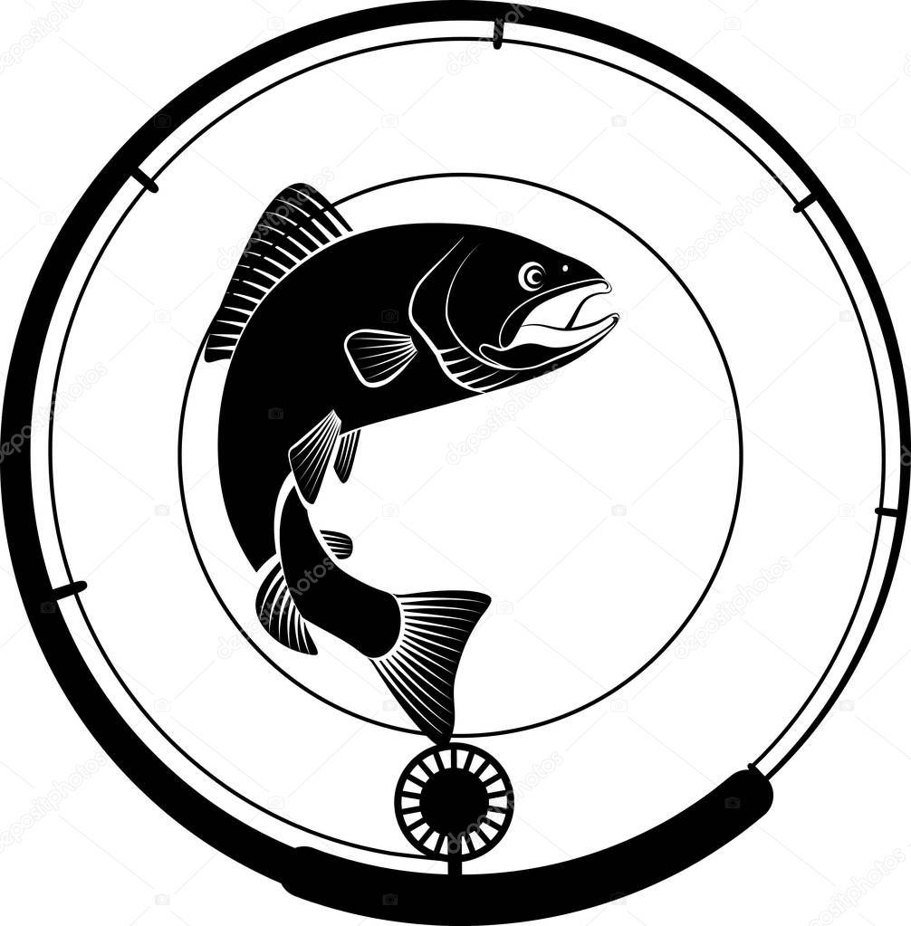 Fishing badge with fish and fishing rod