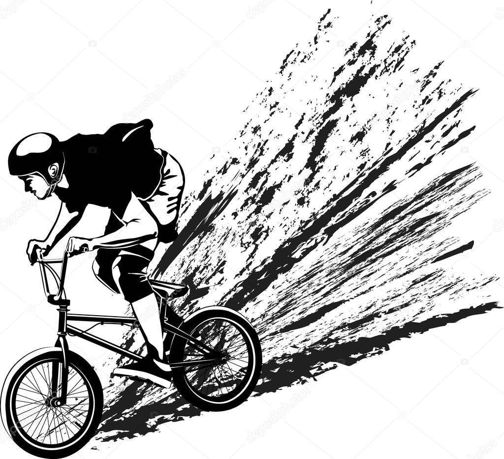 Male on BMX bike - black and white vector illustration