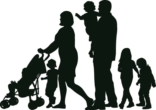 Familie Mit Vielen Kindern Silhouetten — Stockvektor