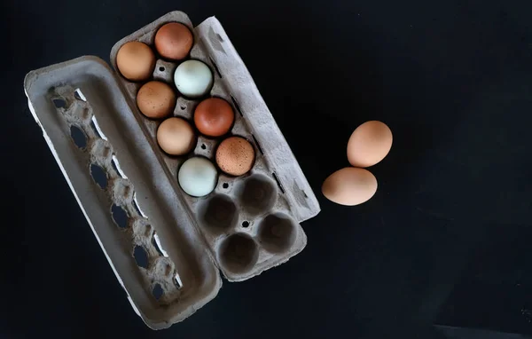 Flat lay of free range chicken eggs with carton on black background and copy space.