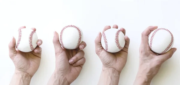 Bola Beisebol Mãos Para Arremesso Fundo Branco Banner Esporte — Fotografia de Stock