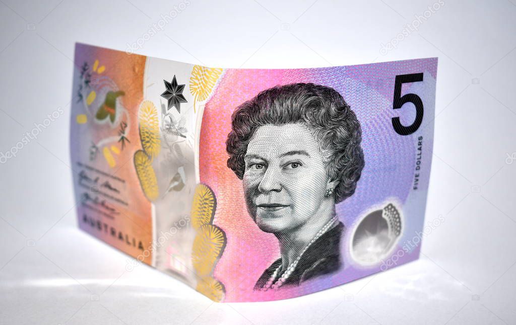 The new Australian five dollar note on a plain white background