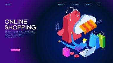 Çevrimiçi alışveriş izometrik konsept pankartı