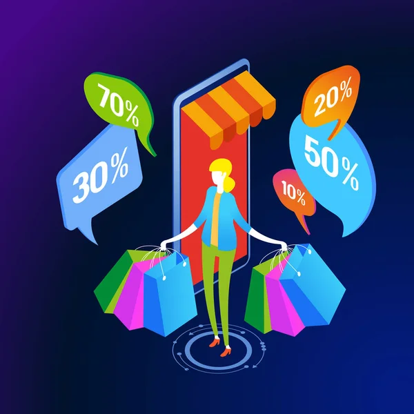 Banner concepto isométrico de compras en línea — Vector de stock