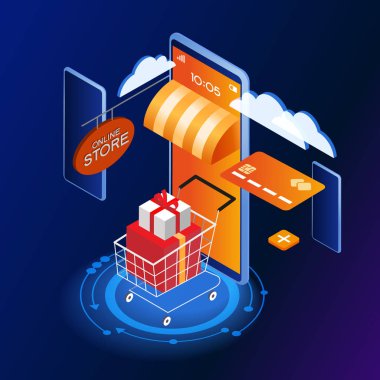 Çevrimiçi alışveriş izometrik konsept pankartı