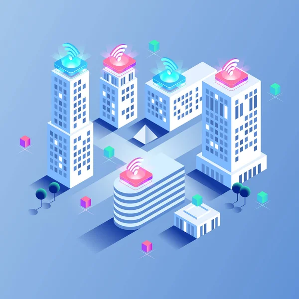 Smart city atau intelligent building isometric vector concept - Stok Vektor