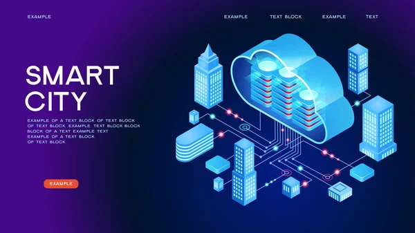 Zukunftsstadt oder intelligentes isometrisches Gebäudevektorkonzept — Stockvektor