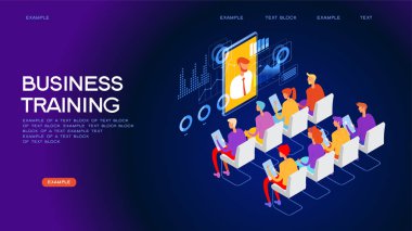 İş eğitimi, seminer. İnsanlar çağdaş yönetim ekibi. Düz isometrik vektör çizimi.