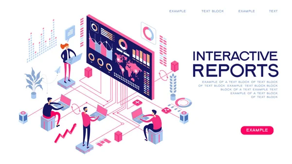 Rapports Interactifs Bannière Web Personnes Qui Interagissent Avec Analyse Des — Image vectorielle