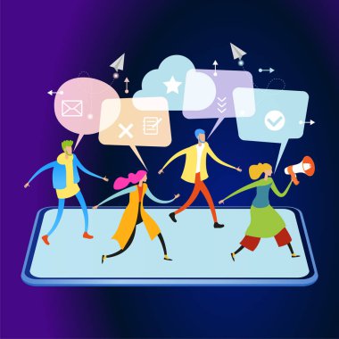 Referral marketing. Promotion method. Refer a friend loyalty program. A group of people come out of a smartphone. Men and women with speech bubbles and icons. 3d vector isometric illustration.