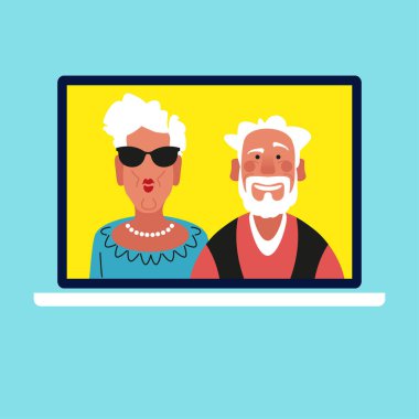 Yaşlı çift görüntülü sohbetin tadını çıkarıyor. Yaşlı adam ve kadın internette konuşuyorlar. Bilgisayarda webcam kullanıyorlar. İnternet üzerinden video görüşmeleri ve konuşmaları