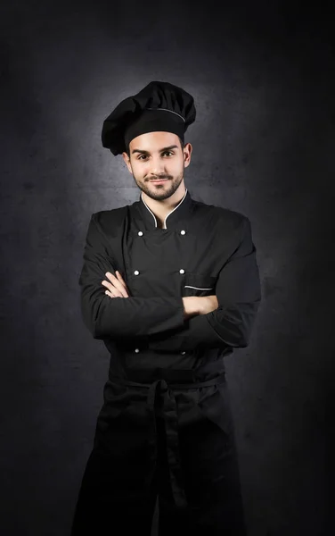 Retrato Cozinheiro Pensando Uniforme Preto Fundo Cinza — Fotografia de Stock