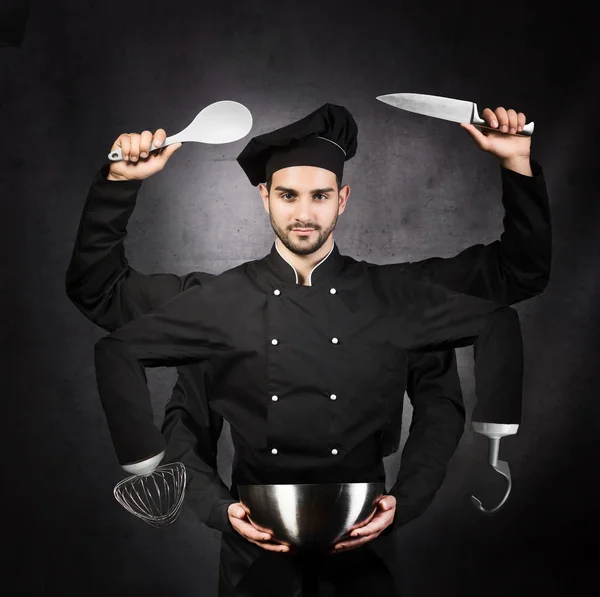 Portrait Chef Many Hands Gray Background Kitchen Machine Concept — Stock Photo, Image