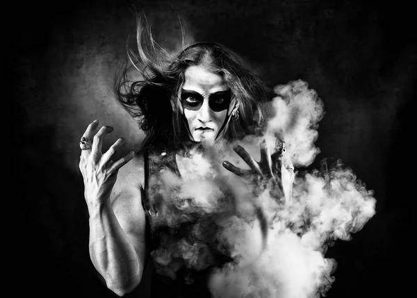 Portrait Man Goth Style Clothes Scull Makeup Blowing Smoke — Stock Photo, Image