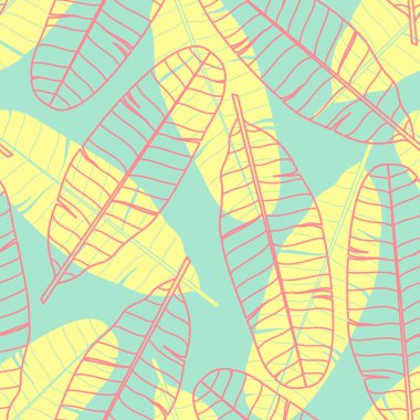 Muz kırmızı anahat ve sarı siluet mavi arka plan üzerinde rasgele bırakır. Dikişsiz desen arka plan tasarlamak vektör çizim yaz sezonu.