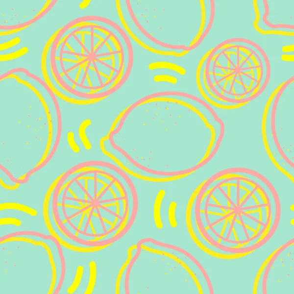 Yellow Pink Outline Lemon Random Blue Background Seamless Pattern Background — Stock Vector