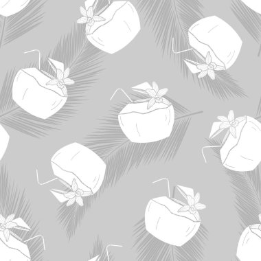 Beyaz siluet Hindistan cevizi su ile Hindistan cevizi gri arka plan üzerinde rasgele bırakır. Yaz sezonu veya vektör çizim içki için seamless modeli arka plan tasarım.