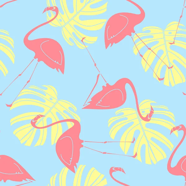 Sylwetka Flamingo Monstera Losowych Niebieskim Tle Bezszwowe Tło Wzór Sezon — Wektor stockowy